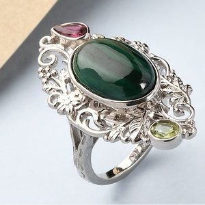 African Malachite and Multi Gemstone Ring in Platinum over Copper, Sz 6,…